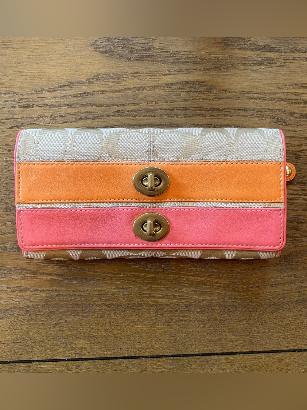 Coach Vintage Signature Envelope  Long Wallet Women’s Beige Pink Orange w/Zipper